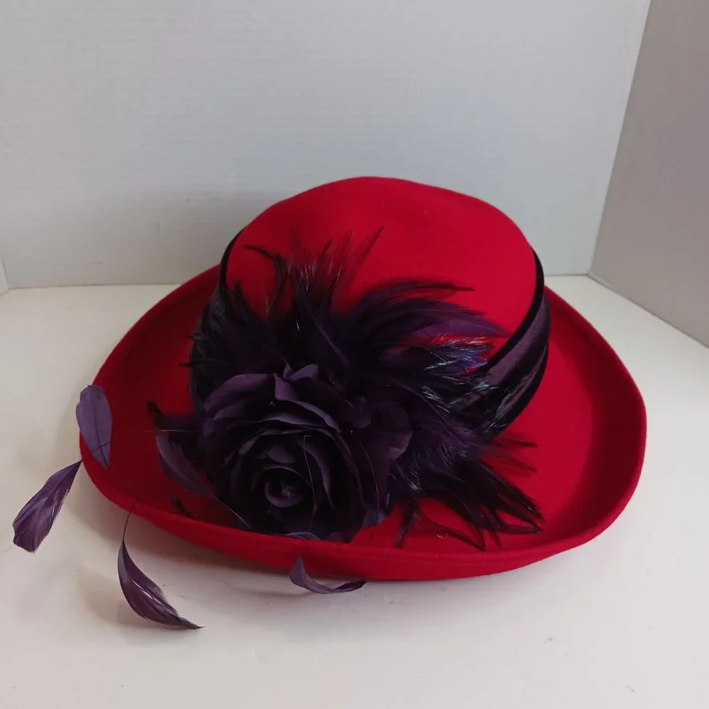 Vintage Derby Hat Fascinator Church Formal Wool Hat Red Purple - Picture 14 of 14